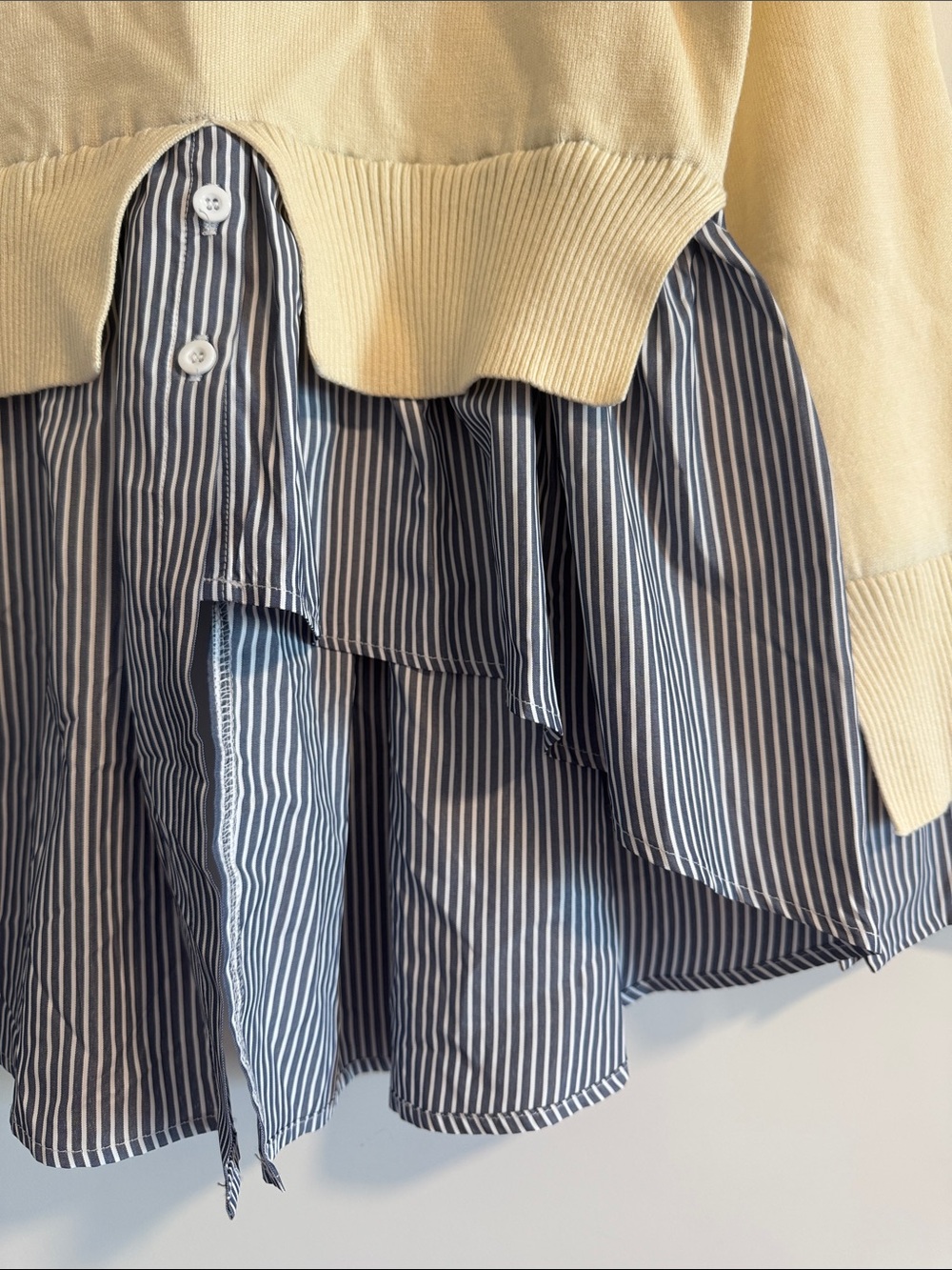 Maeve Cream Turtleneck Sweater with Blue-White Striped Shirt Hem - Picture 3 of 4
